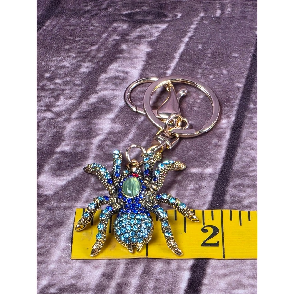 Spider Keychain Gold Tone Blue Rhinestones Jeweled Bug Purse Charm Bling - Picture 10 of 10